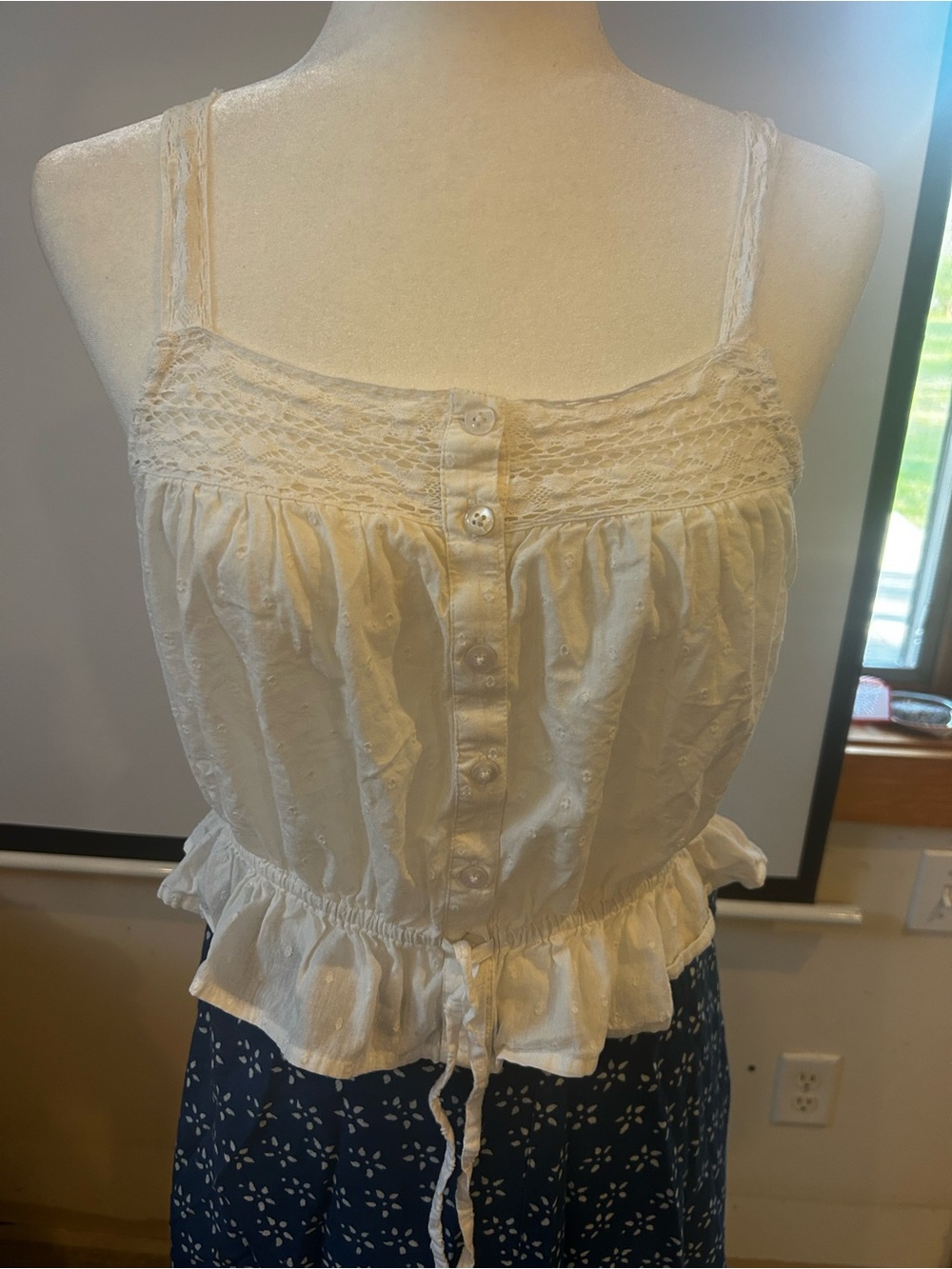 Dizzy Cream Eyelet Button-Front Camisole with Tie Waist